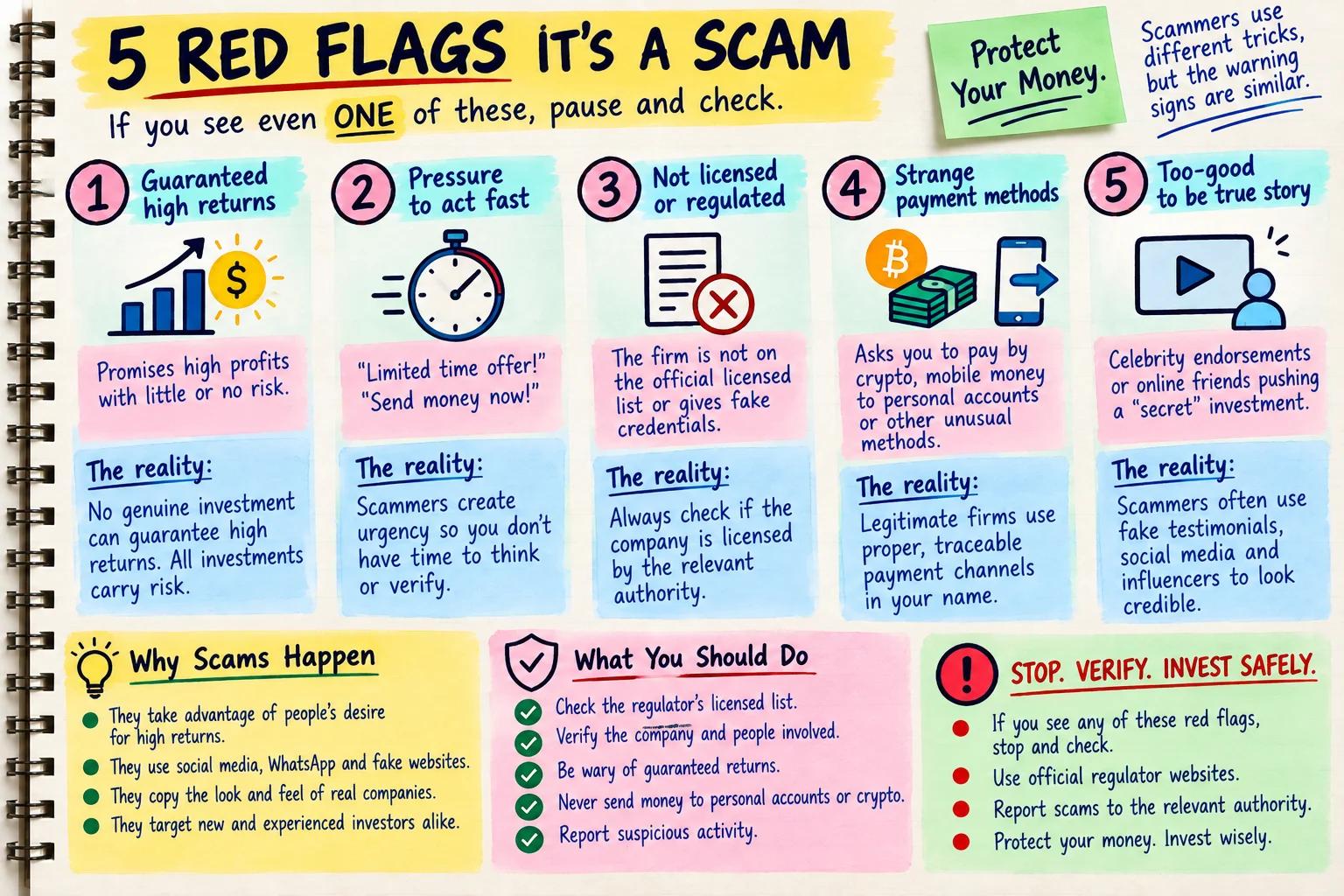 Hand-drawn notebook infographic titled "5 red flags it's a scam": guaranteed high returns, pressure to act fast, not licensed or regulated, strange payment methods and too-good-to-be-true stories, with notes on why scams happen and what you should do.