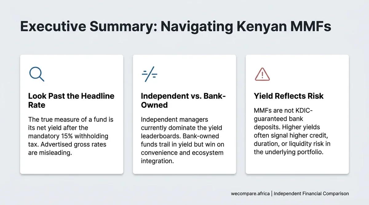 Executive summary slide: independent MMFs lead on net yield while bank-owned funds yield less but are more familiar