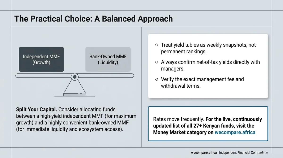 Practical choice: a balanced approach splitting money between an independent and a bank-owned MMF