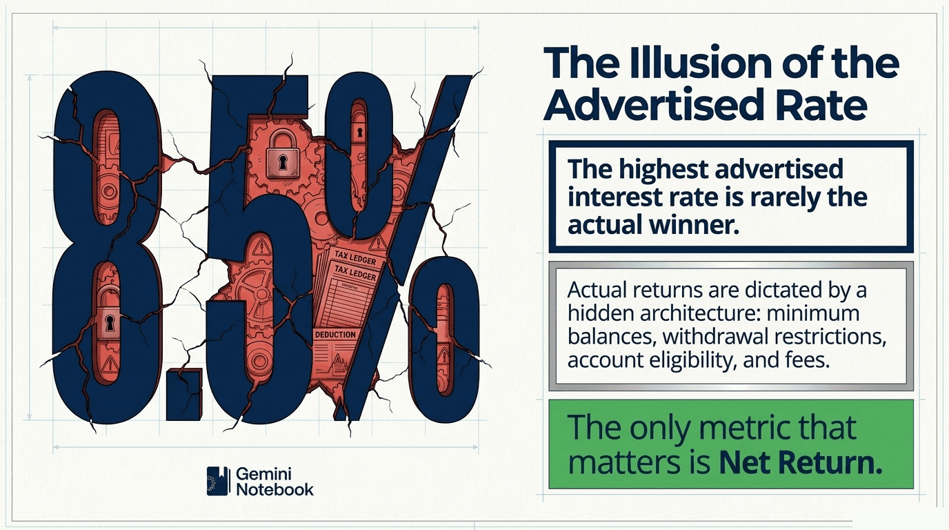 The illusion of the advertised rate: the highest advertised interest rate is not automatically the winner, because minimum balances, withdrawal restrictions, eligibility and fees decide what you actually earn. The metric that matters is net return.