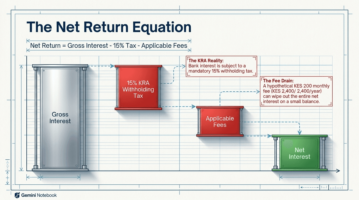 The net return equation: gross interest minus 15% KRA withholding tax minus applicable fees equals net interest.