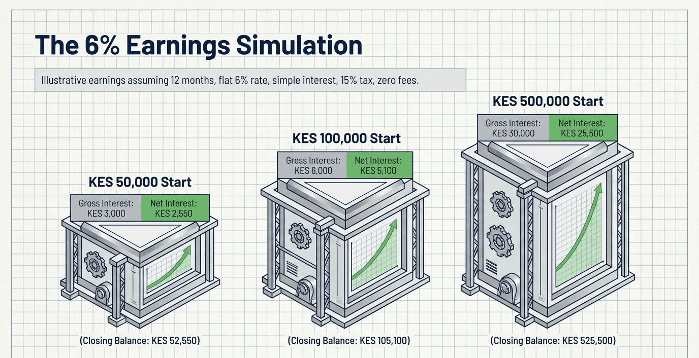 Illustrative 6% earnings: KES 50,000 earns KES 3,000 gross and KES 2,550 net (closing KES 52,550); KES 100,000 earns KES 6,000 gross and KES 5,100 net (KES 105,100); KES 500,000 earns KES 30,000 gross and KES 25,500 net (KES 525,500)