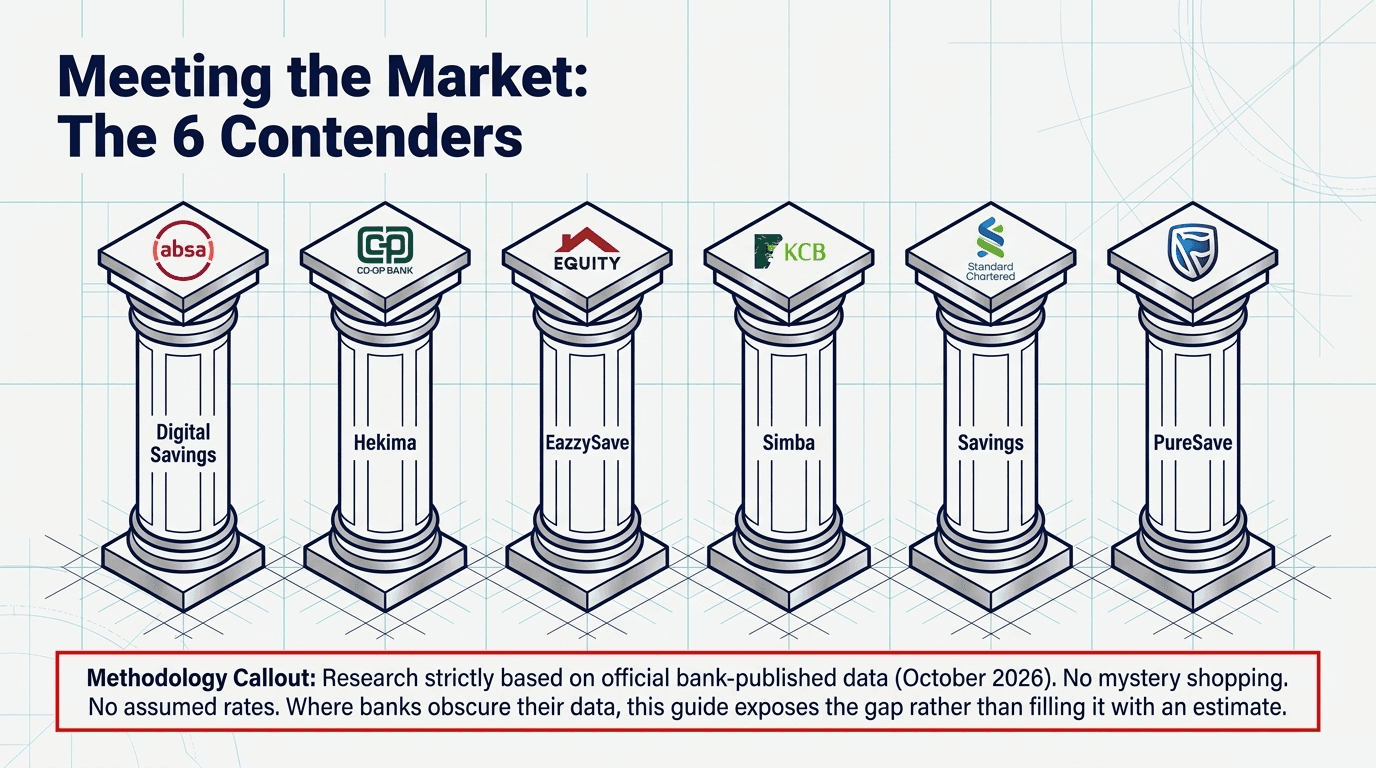 The six savings accounts compared: Absa Digital Savings, Co-op Hekima, Equity EazzySave, KCB Simba, Standard Chartered Savings and Stanbic PureSave