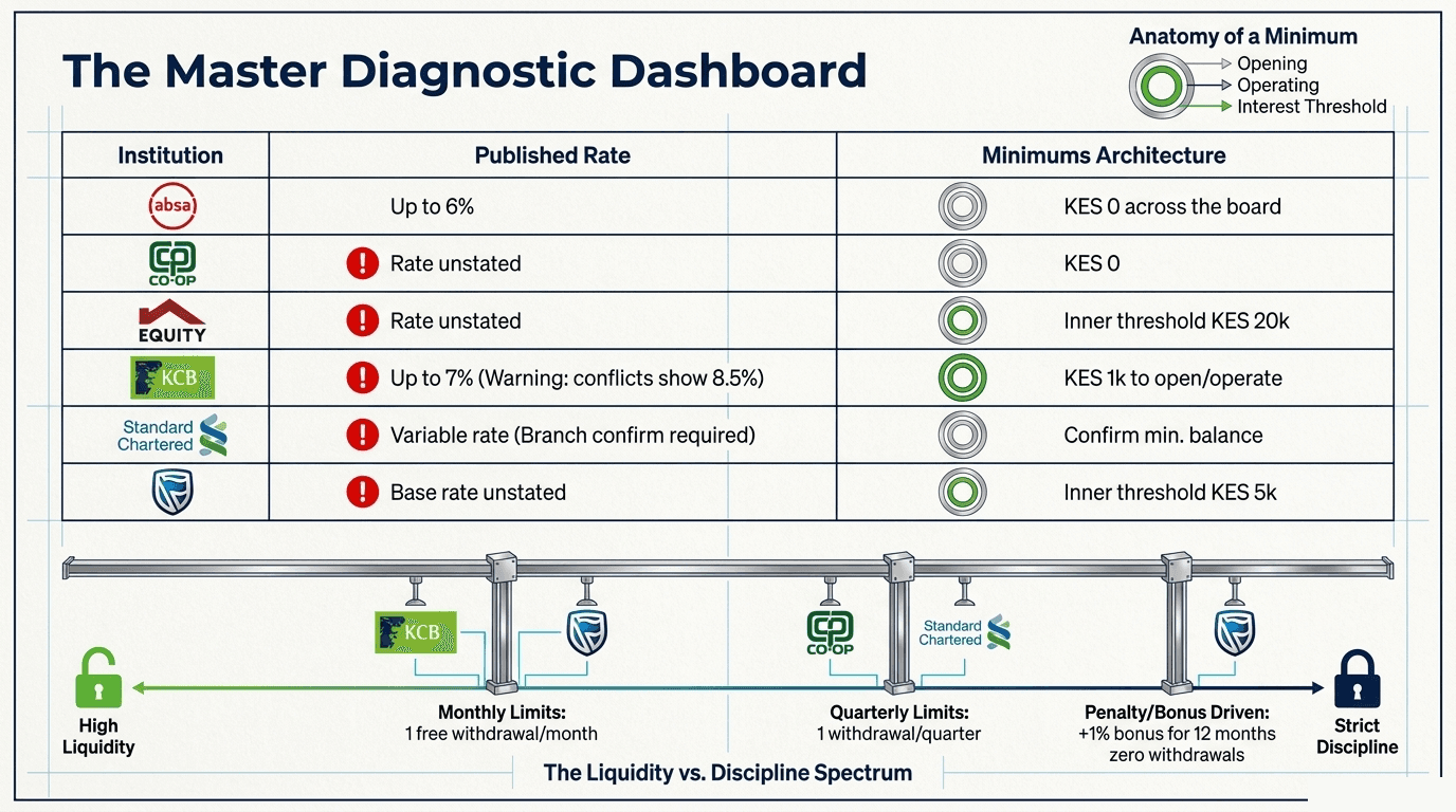 Master diagnostic dashboard comparing the six accounts' published rates and minimums, with a spectrum from monthly withdrawals (KCB, Stanbic) to quarterly withdrawals (Co-op, Standard Chartered) to Stanbic's bonus for 12 months without withdrawals.