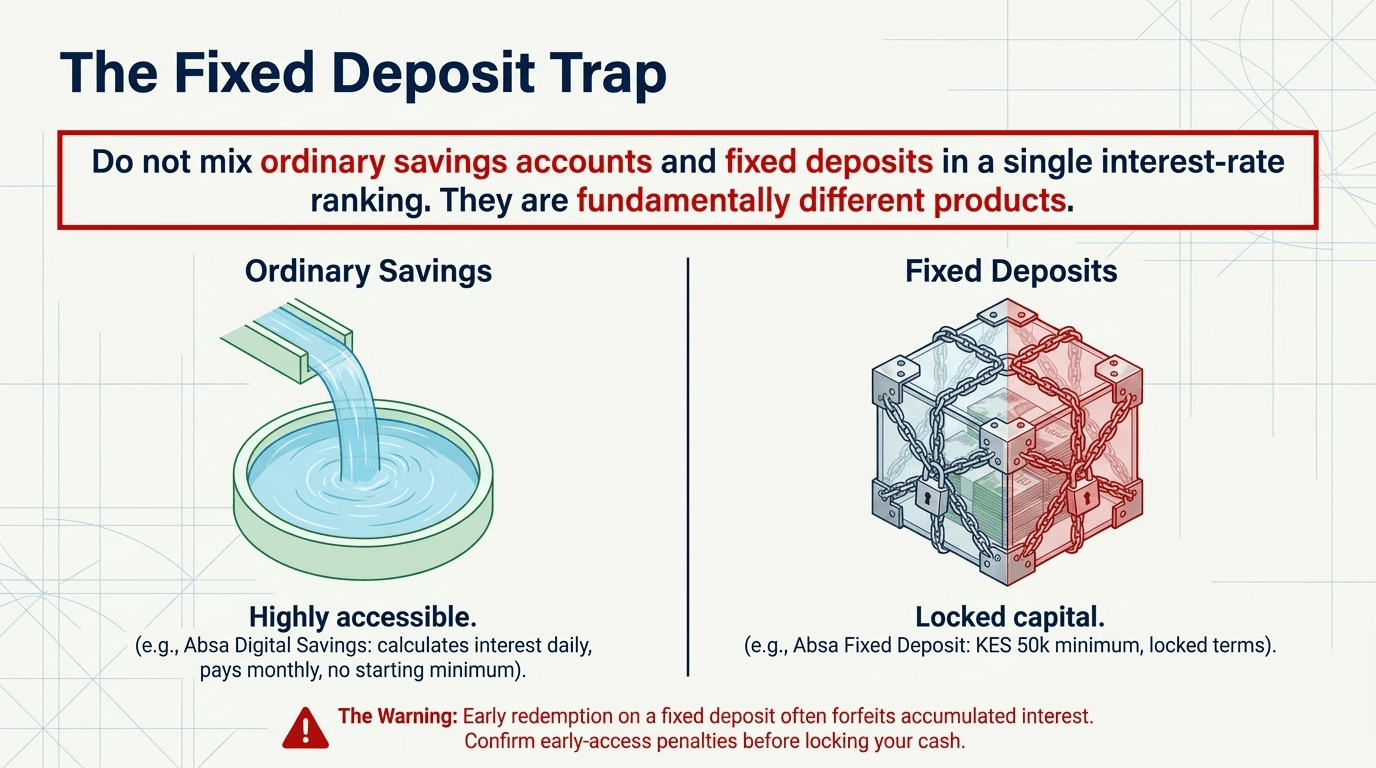 Ordinary savings accounts are accessible, while fixed deposits lock your money, for example Absa Digital Savings versus an Absa fixed deposit with a KES 50,000 minimum