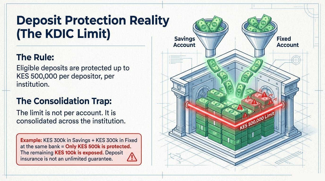 KDIC protects eligible deposits up to KES 500,000 per depositor per institution; KES 300,000 in savings plus KES 300,000 in a fixed account at the same bank leaves KES 100,000 above the limit