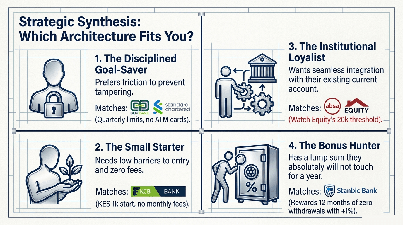 Four saver types and matching accounts: Disciplined Goal-Saver (Co-op Hekima, Standard Chartered), Small Starter (KCB Simba), Institutional Loyalist (Absa, Equity), Bonus Hunter (Stanbic PureSave)