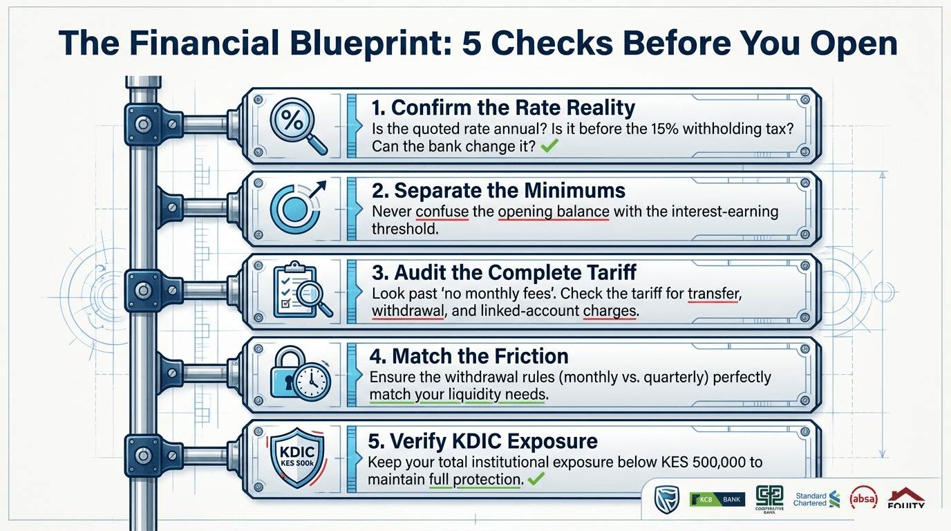 Five checks before you open a savings account: confirm the rate, separate the minimums, audit the complete tariff, match the withdrawal rules to your needs, and verify your KDIC exposure.