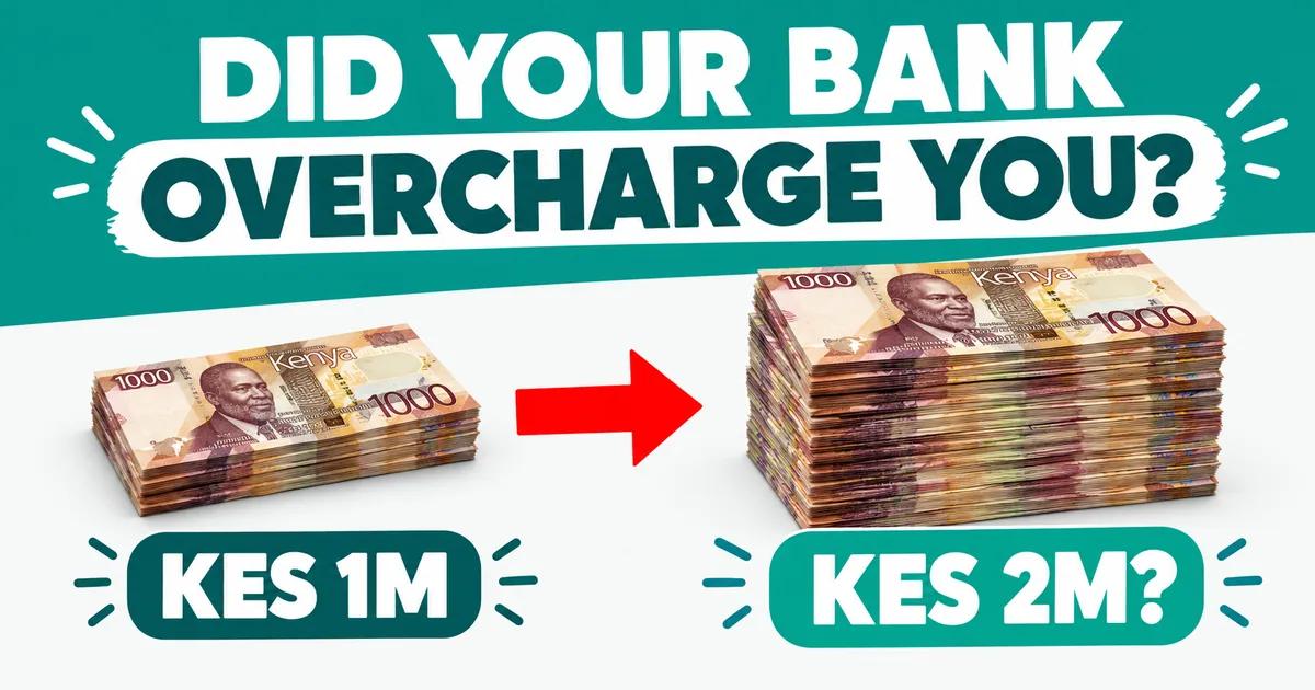 Two stacks of Kenyan 1,000-shilling notes: a small stack labelled KES 1M and a much taller stack labelled KES 2M?, under the headline "Did your bank overcharge you?"