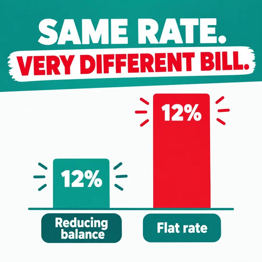 Bar chart headed "Same rate. Very different bill." showing a 12% reducing balance loan as a short green bar and a 12% flat rate loan as a much taller red bar.