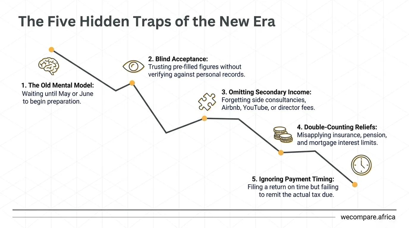 Descending line chart of five traps: the old mental model, blind acceptance, omitting secondary income, double-counting reliefs, and ignoring payment timing.