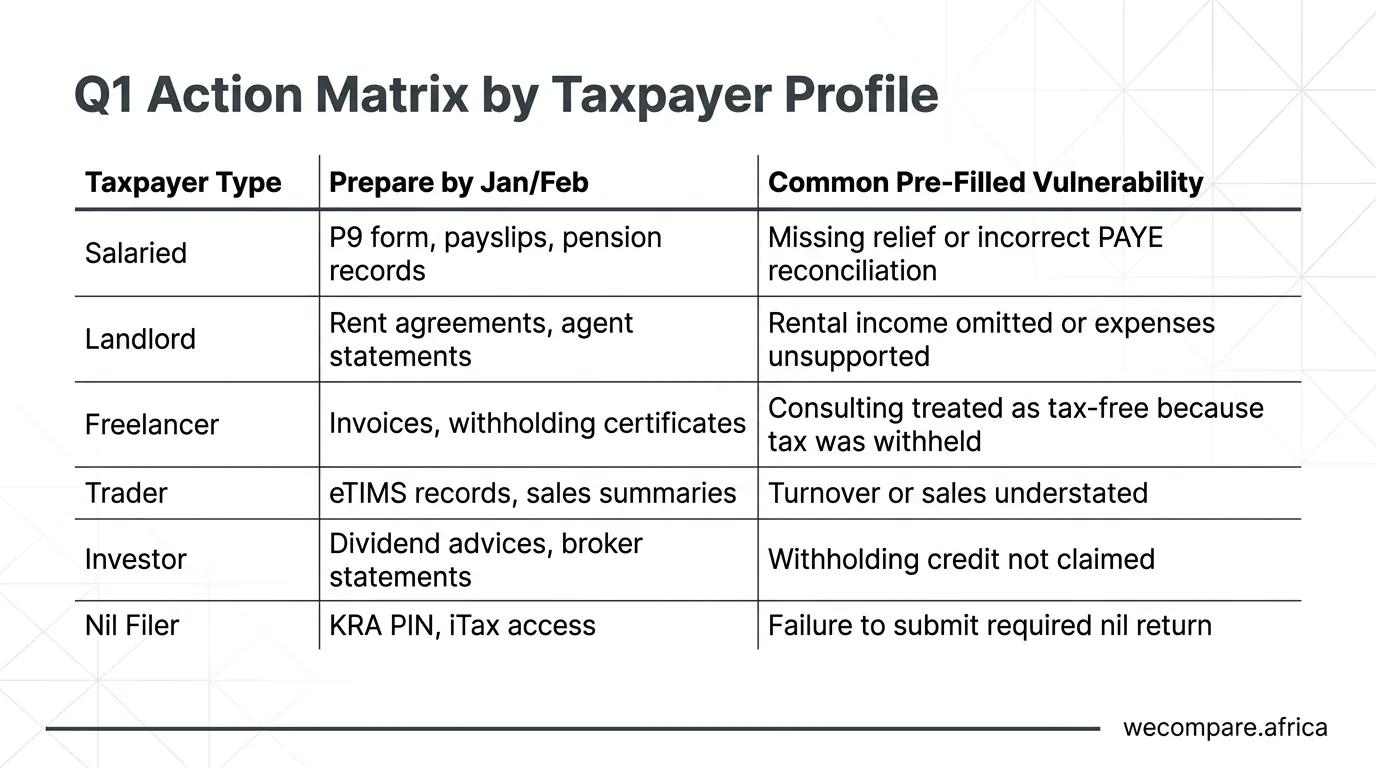 Table of six taxpayer types with what to prepare by January or February and the common pre-filled vulnerability for each: salaried, landlord, freelancer, trader, investor and nil filer.