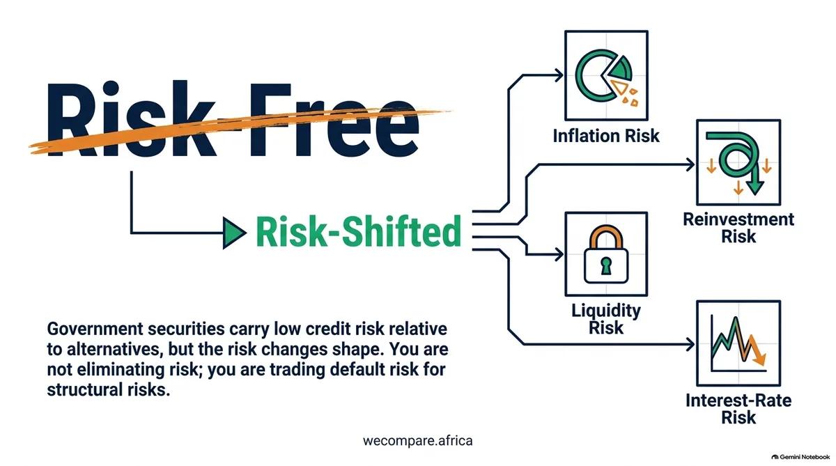 'Risk-Free' crossed out and replaced with 'Risk-Shifted', branching into inflation, reinvestment, liquidity and interest-rate risk