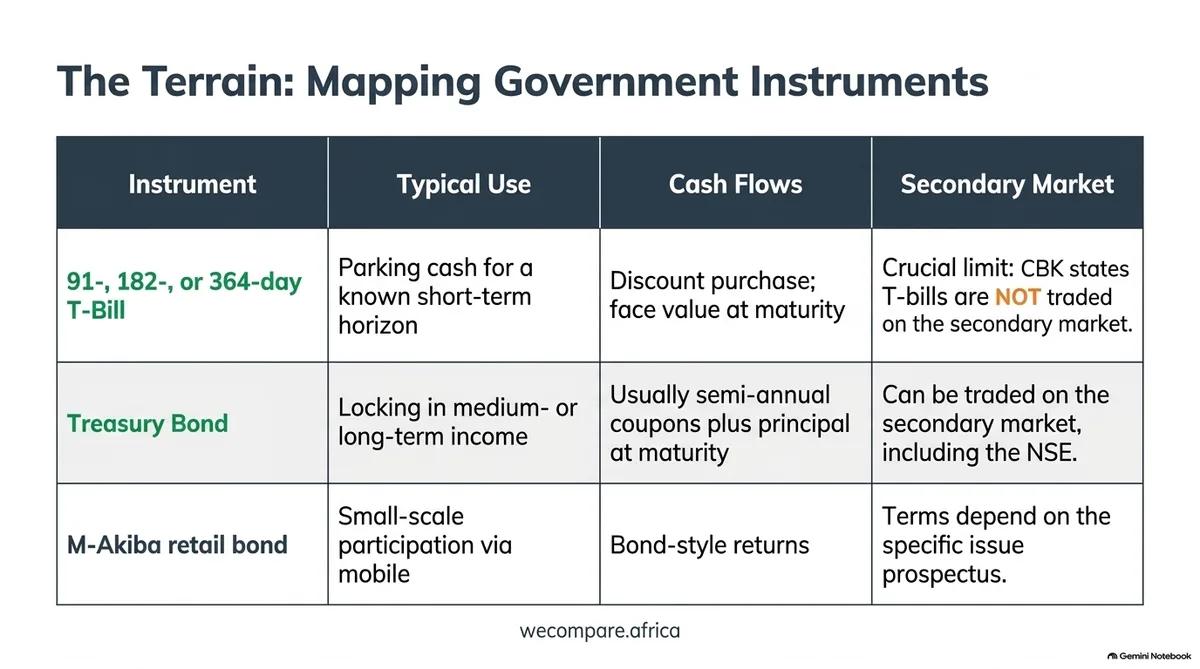Table comparing T-bills, Treasury bonds and the M-Akiba retail bond by use, cash flows and secondary market