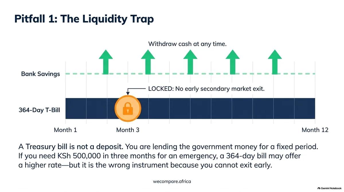Timeline comparing bank savings, which can be withdrawn any time, with a 364-day T-bill that is locked for 12 months