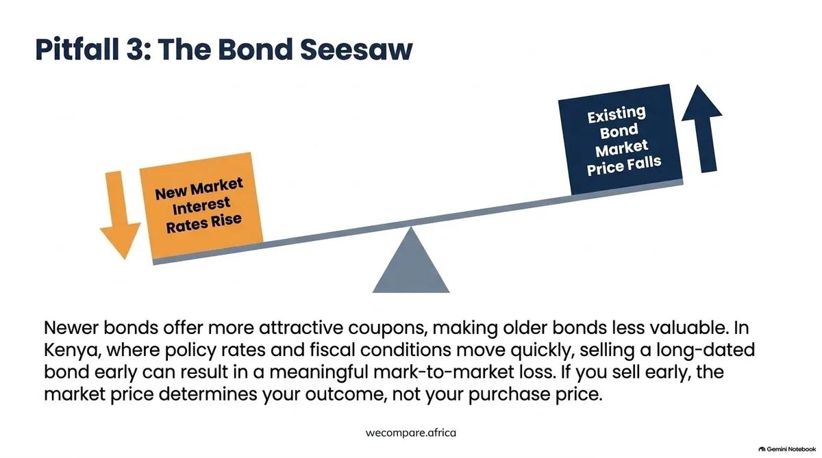 Seesaw showing that when new market interest rates rise, the market price of existing bonds falls