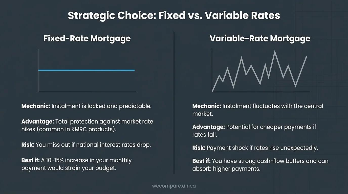 Side-by-side comparison of fixed-rate and variable-rate mortgages: mechanic, advantage, risk and who each suits best.
