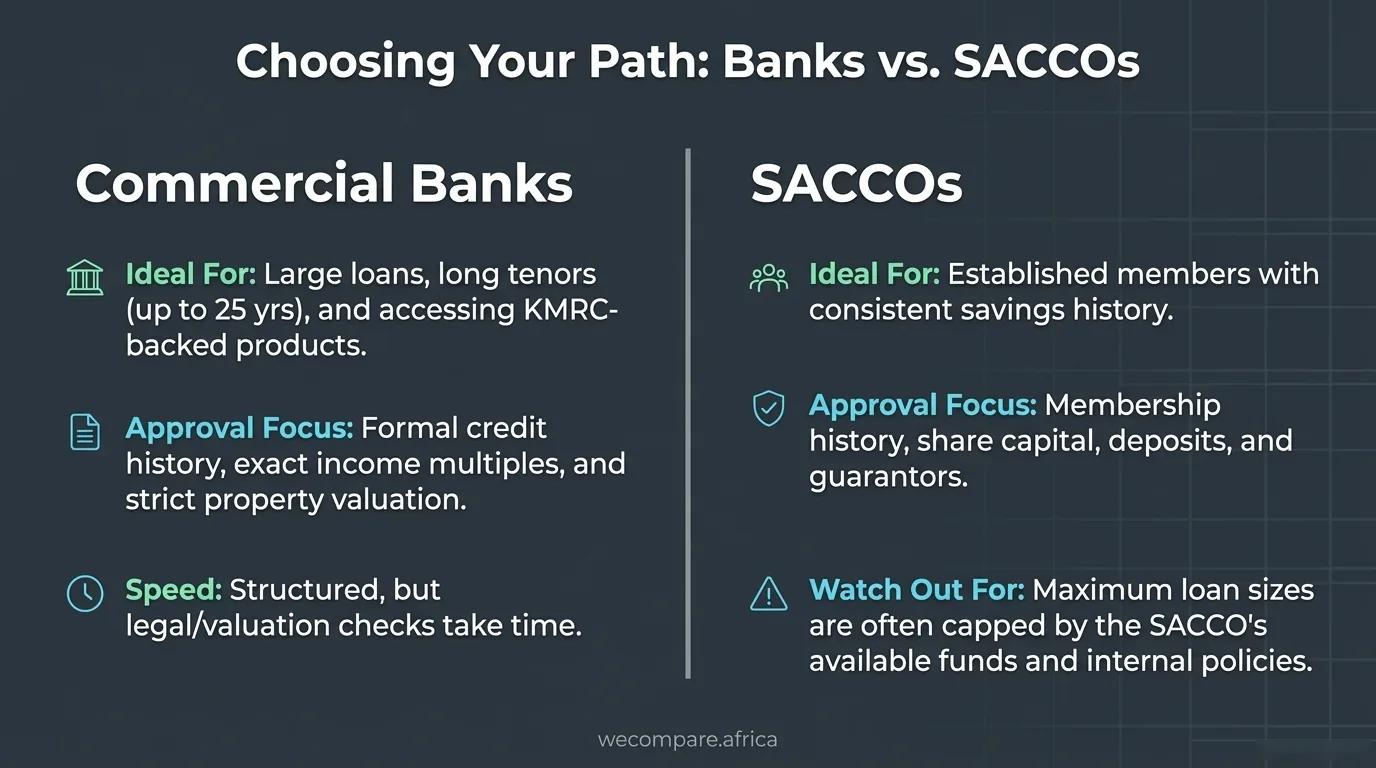 Comparison of commercial banks and SACCOs for mortgages: who each suits, what approval focuses on, speed and limits.