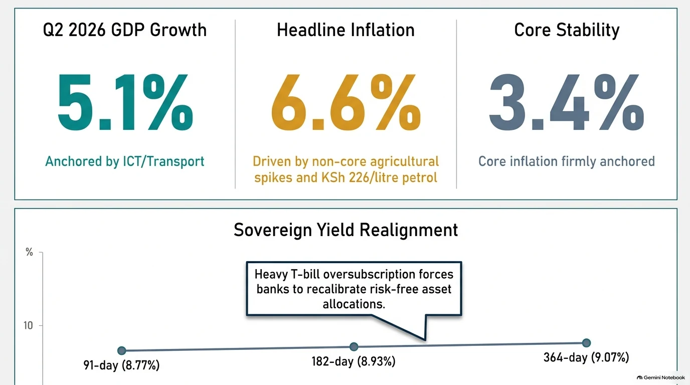 Infographic: Q2 2026 GDP growth 5.1%, headline inflation 6.6%, core inflation 3.4%, and Treasury bill yields of 8.77%, 8.93% and 9.07%