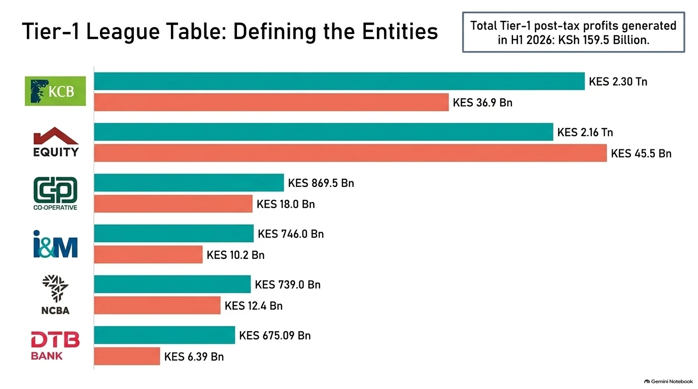 Bar chart comparing total assets and post-tax profit for KCB, Equity, Co-operative Bank, I&M, NCBA and DTB in H1 2026