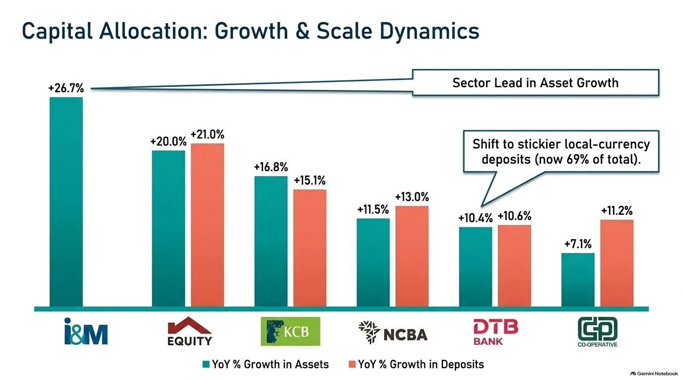 Bar chart of year-on-year growth in total assets and deposits for I&M, Equity, KCB, NCBA, DTB and Co-operative Bank