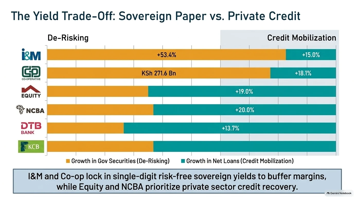 Chart contrasting growth in government securities with growth in net loans at I&M, Co-operative Bank, Equity, NCBA, DTB and KCB