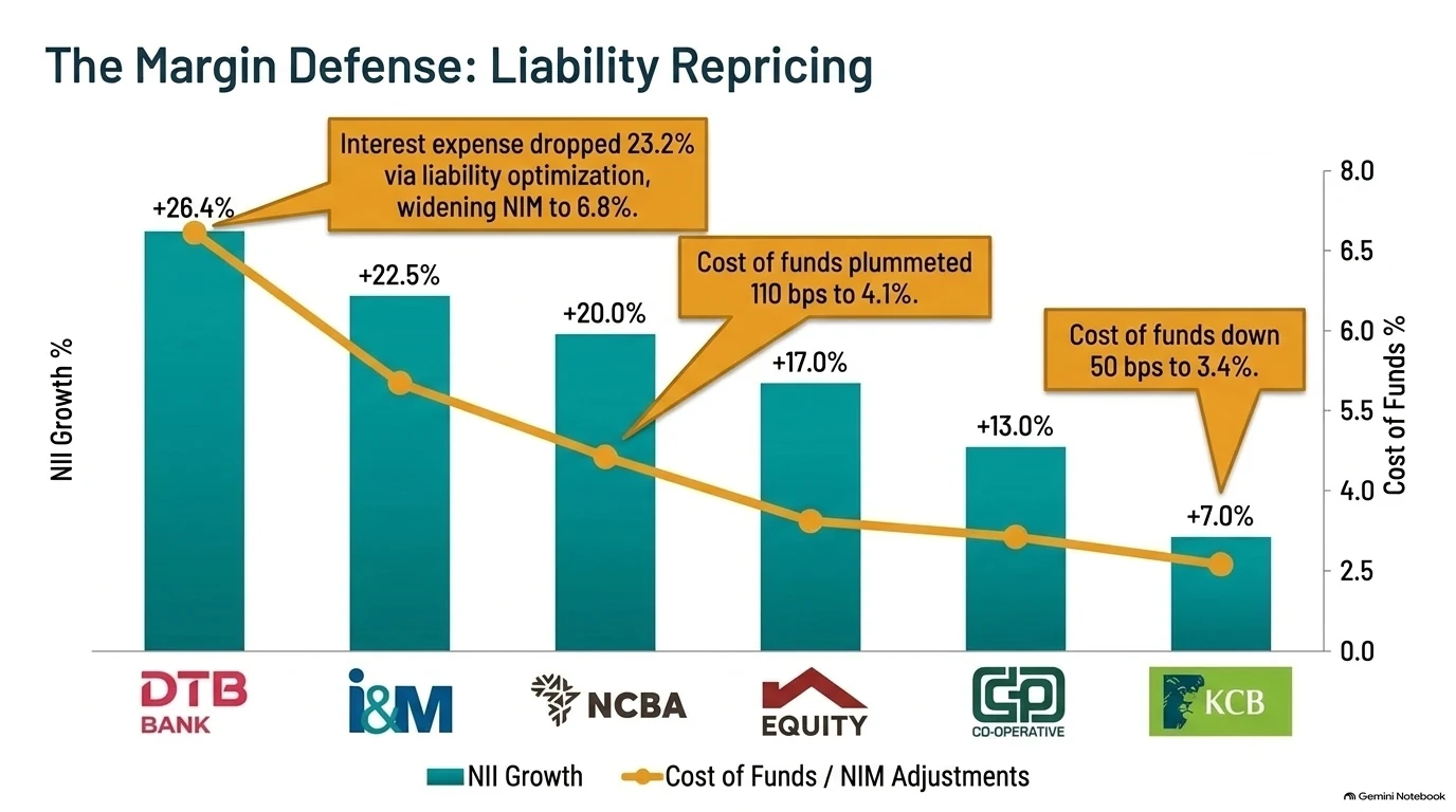 Chart of net interest income growth by bank against cost of funds, with callouts for DTB, NCBA and KCB