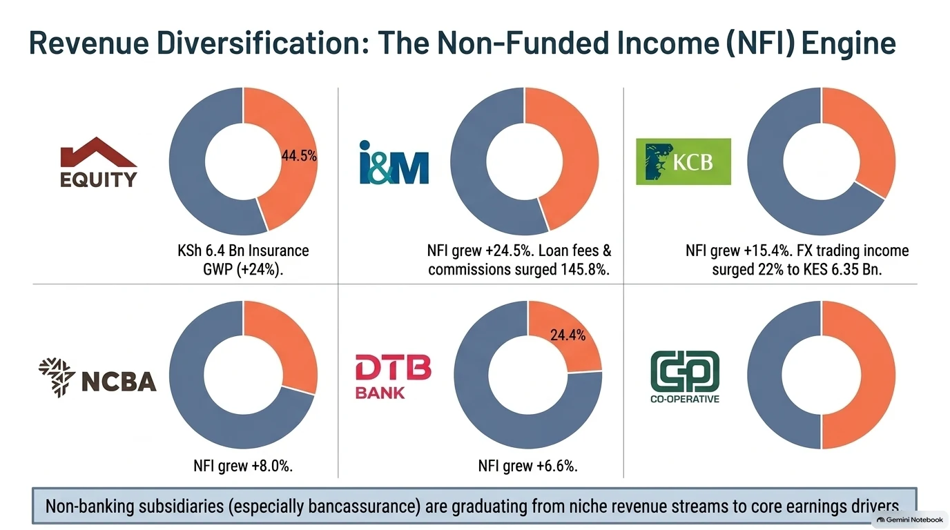 Donut charts of non-funded income for Equity, I&M, KCB, NCBA, DTB and Co-operative Bank