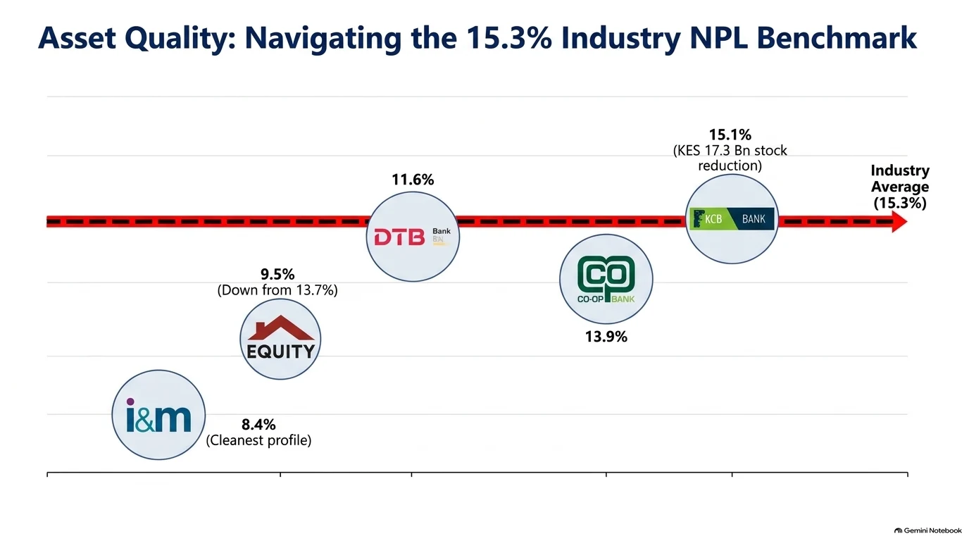 Chart of gross NPL ratios for I&M 8.4%, Equity 9.5%, DTB 11.6%, Co-operative Bank 13.9% and KCB 15.1% against the 15.3% industry average