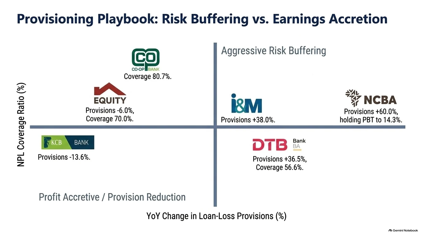 Quadrant chart of provisioning strategies: KCB and Equity cutting provisions, NCBA, I&M and DTB raising them, Co-operative Bank with 80.7% coverage
