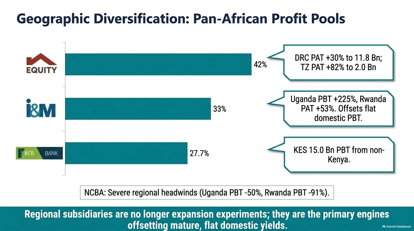 Bar chart of regional profit contribution: Equity 42%, I&M 33% and KCB 27.7%, with NCBA regional headwinds noted