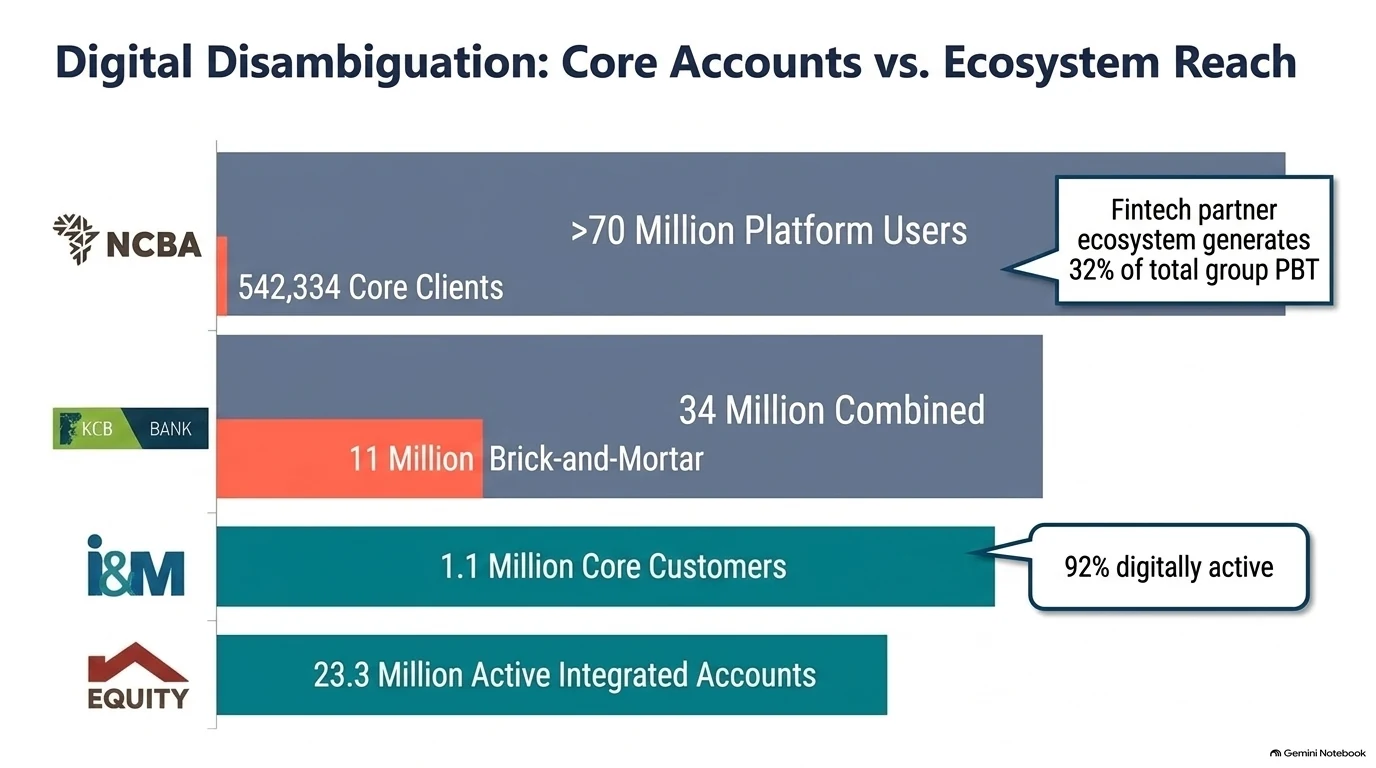 Bar chart contrasting core accounts with ecosystem reach at NCBA, KCB, I&M and Equity