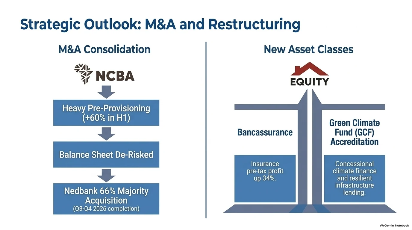 Diagram of NCBA pre-provisioning ahead of the Nedbank 66% acquisition, and Equity's bancassurance and Green Climate Fund accreditation