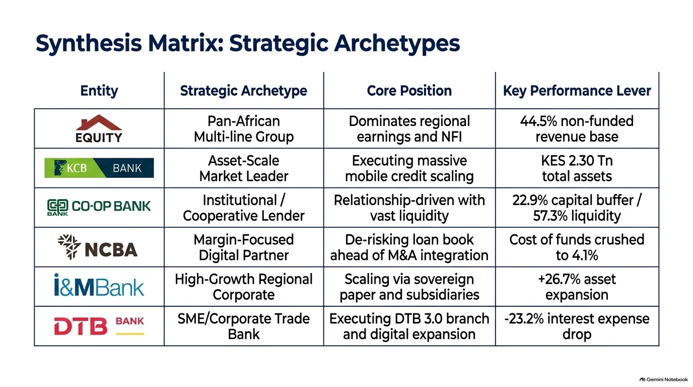 Synthesis matrix of strategic archetypes for Equity, KCB, Co-operative Bank, NCBA, I&M and DTB